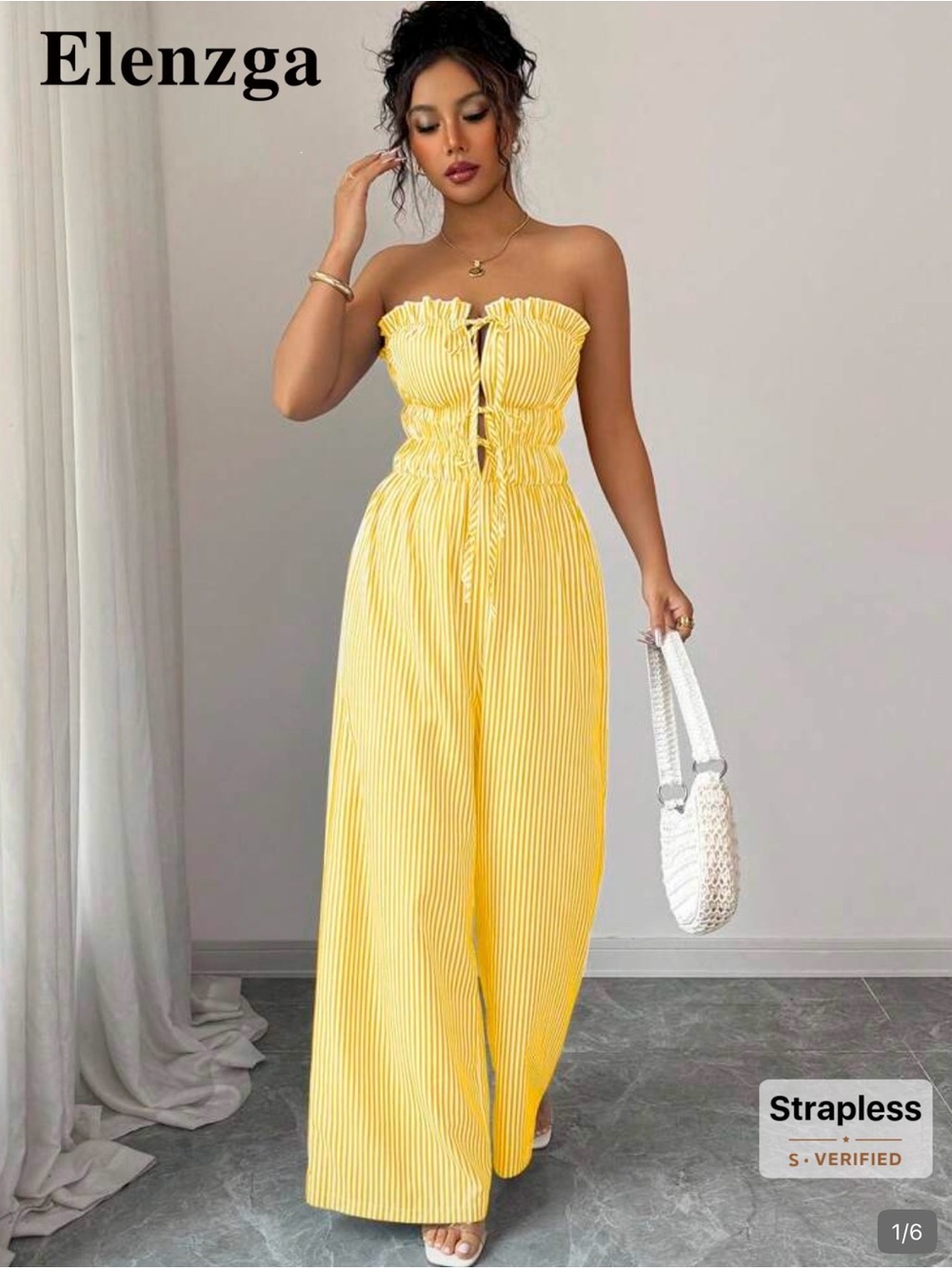 SHEIN Yellow Strapless Smocked Wide-Leg Jumpsuit